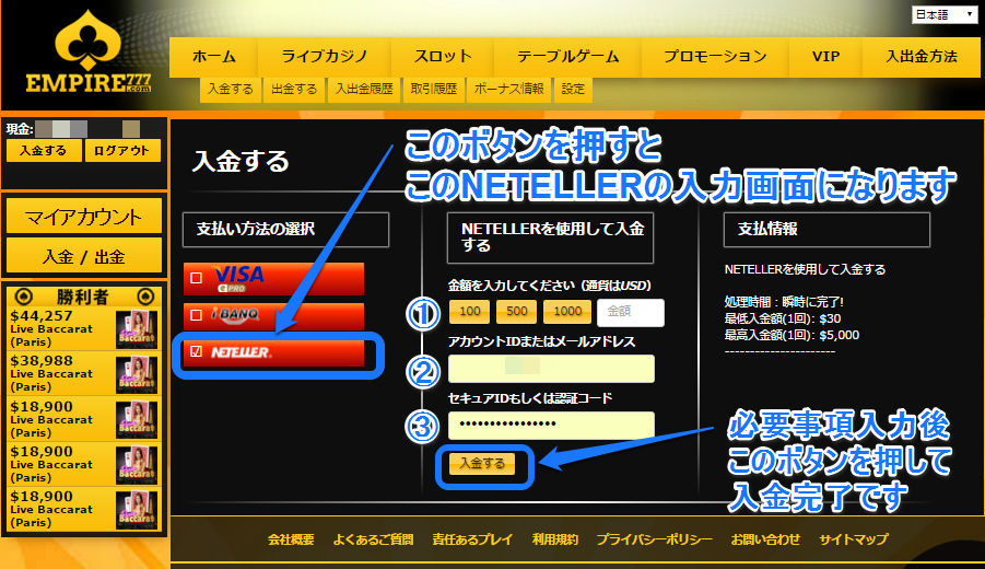 エンパイアカジノ-入金画面-NETELLERを選択-モザイク-2